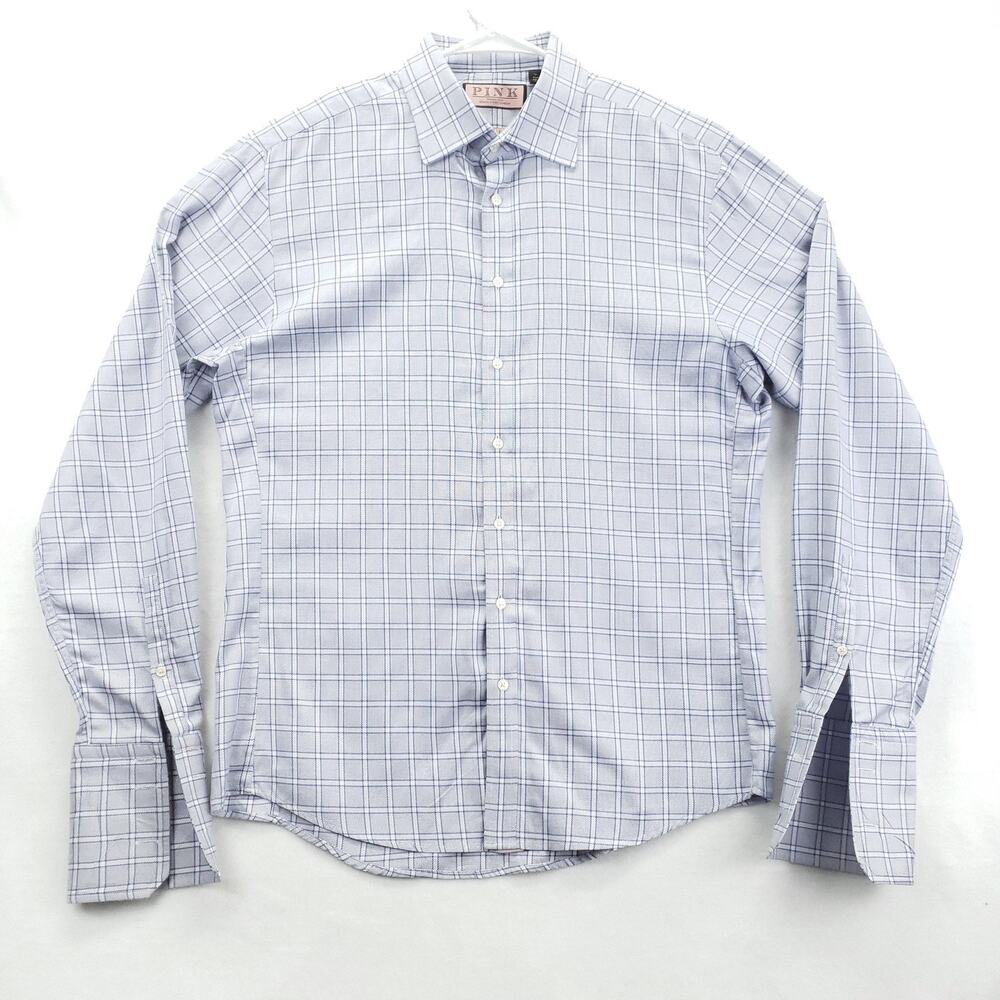 Thomas Pink Shirt Mens 16 Large Blue White Check Slim Fit Jermyn Street Cotton